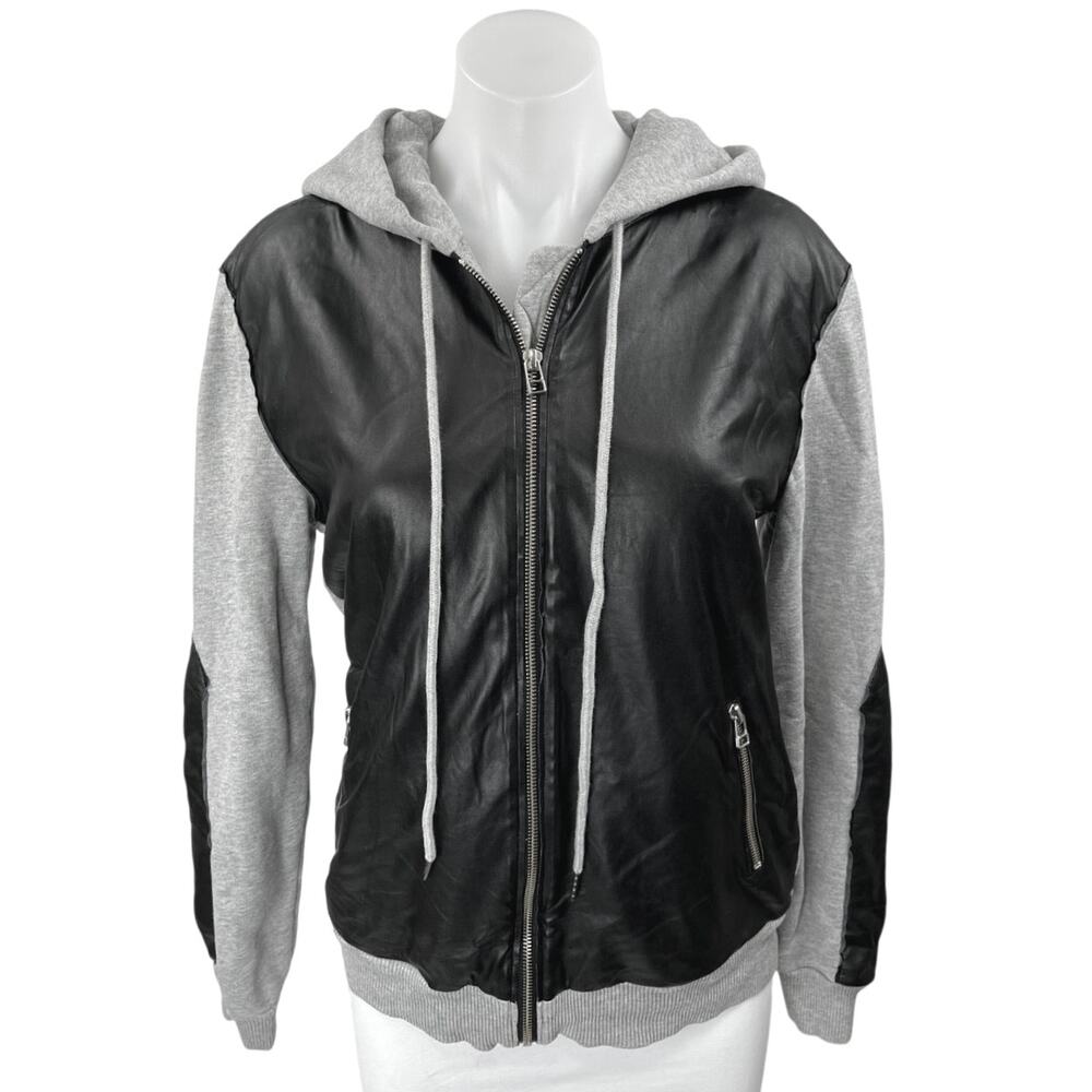 Aritzia Wilfred Gray Black Faux Leather Panel Zip Up Hoodie Coat Jacket Size XS